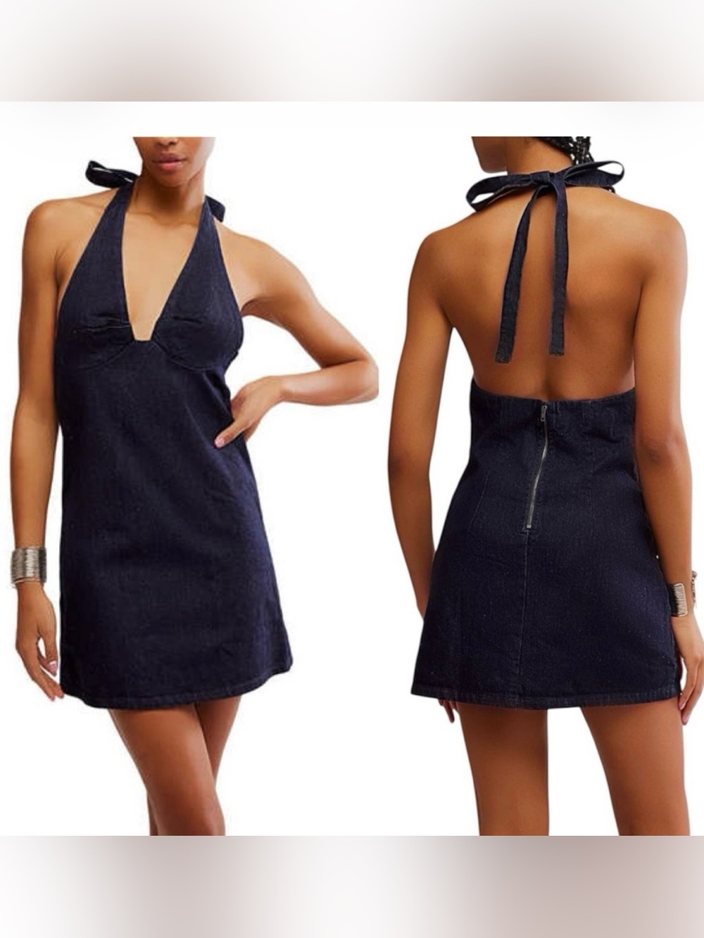 Free People Halter Mini Dress Trevi Dark Denim Sleeveless Plunging Size XL